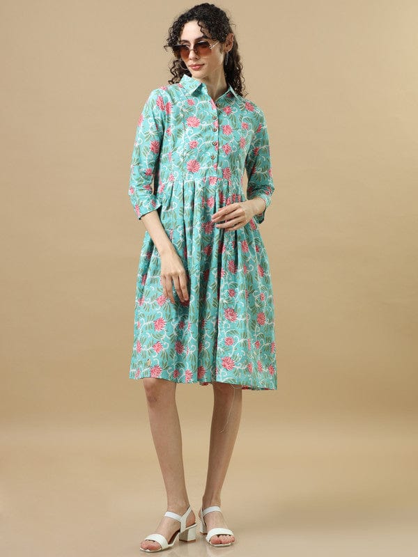 Pastel Green 3/4Th Sleeves Cotton Floral Regular Fit Knee Length Dress