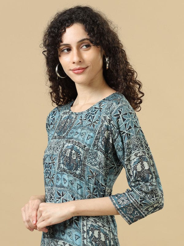 Indigo 3/4Th Sleeves Modal Cotton Mixed Prints Regular Fit Calf Length Dress