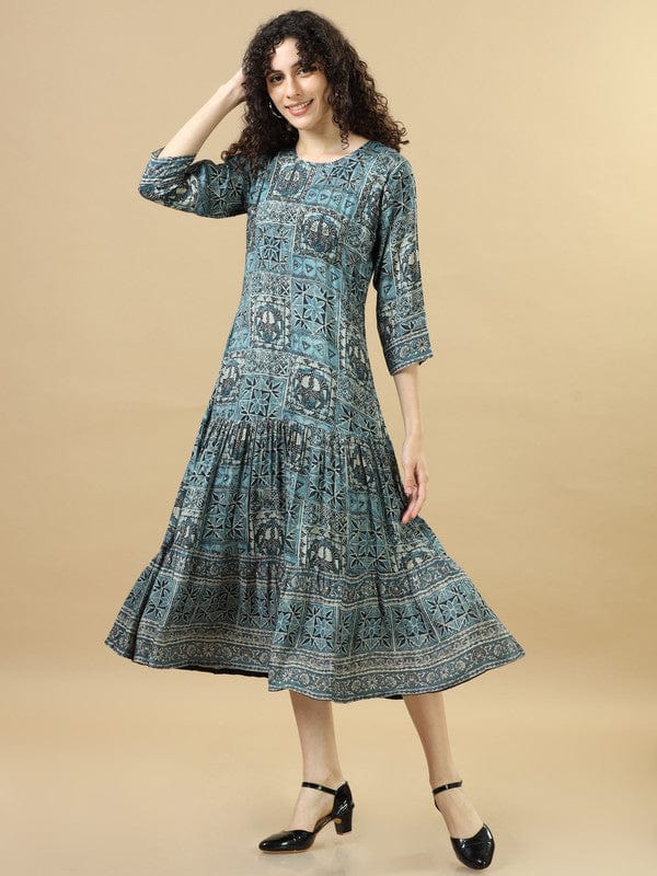 Indigo 3/4Th Sleeves Modal Cotton Mixed Prints Regular Fit Calf Length Dress