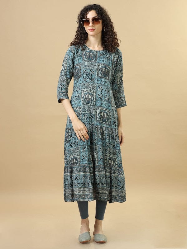 Indigo 3/4Th Sleeves Modal Cotton Mixed Prints Regular Fit Calf Length Dress