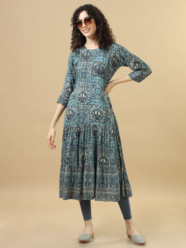 Indigo 3/4Th Sleeves Modal Cotton Mixed Prints Regular Fit Calf Length Dress