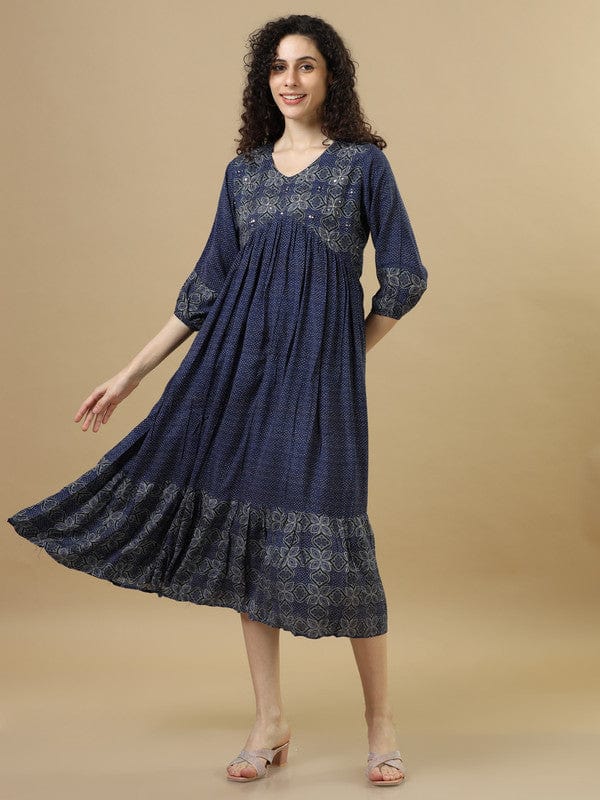 Navy 3/4Th Sleeves Modal Cotton Floral Regular Fit Calf Length Dress