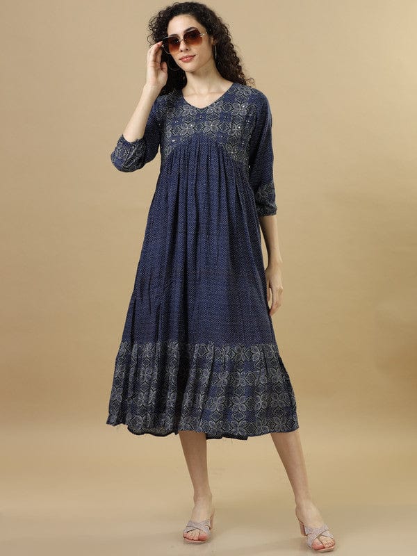 Navy 3/4Th Sleeves Modal Cotton Floral Regular Fit Calf Length Dress