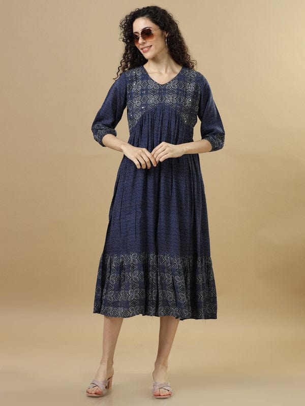 Navy 3/4Th Sleeves Modal Cotton Floral Regular Fit Calf Length Dress