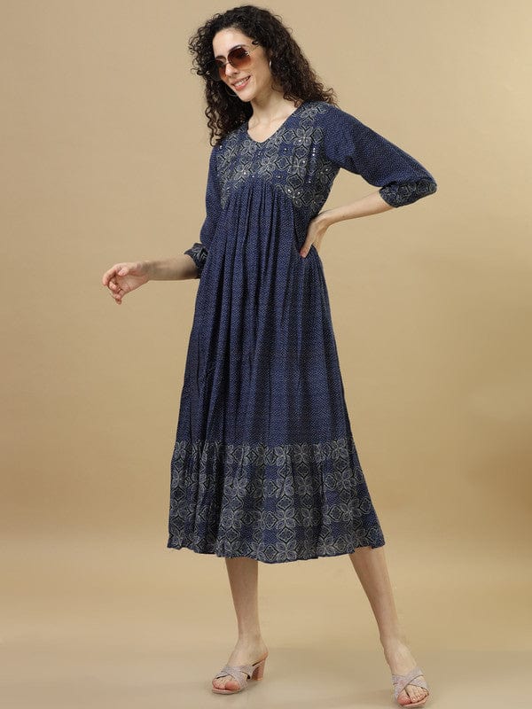 Navy 3/4Th Sleeves Modal Cotton Floral Regular Fit Calf Length Dress