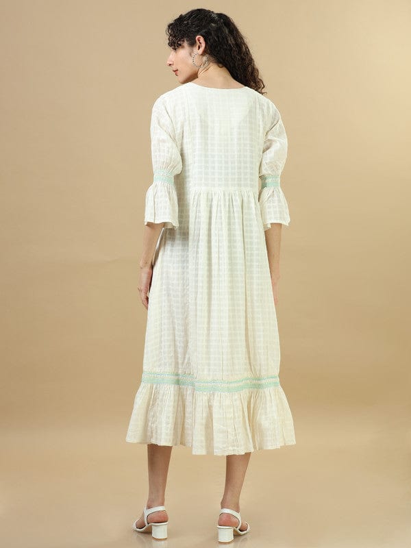 White 3/4Th Sleeves Cotton Mirror Work And Thread Work Regular Fit Calf Length Dress