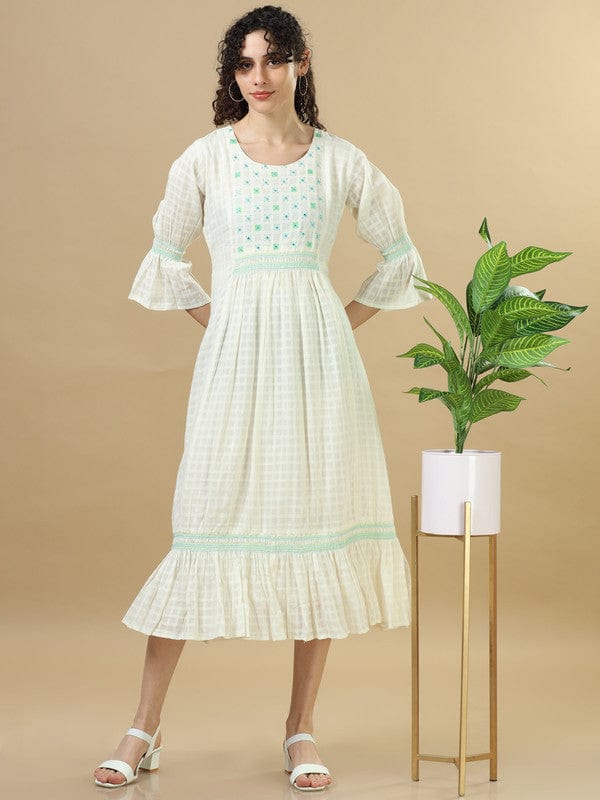 White 3/4Th Sleeves Cotton Mirror Work And Thread Work Regular Fit Calf Length Dress