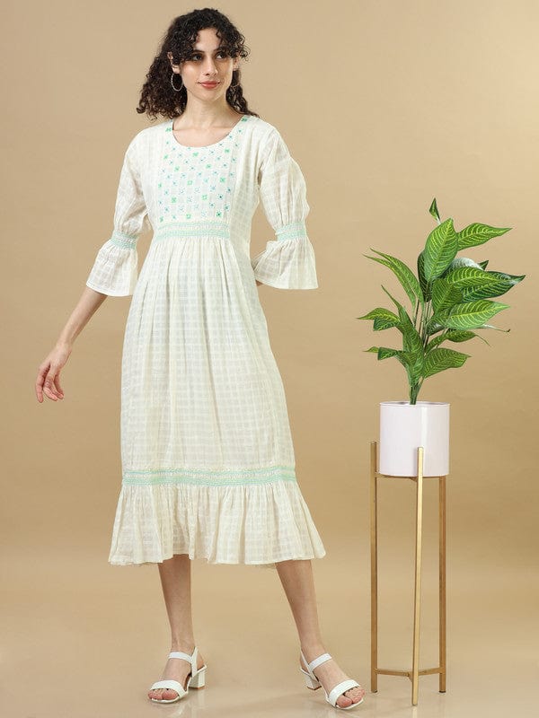 White 3/4Th Sleeves Cotton Mirror Work And Thread Work Regular Fit Calf Length Dress