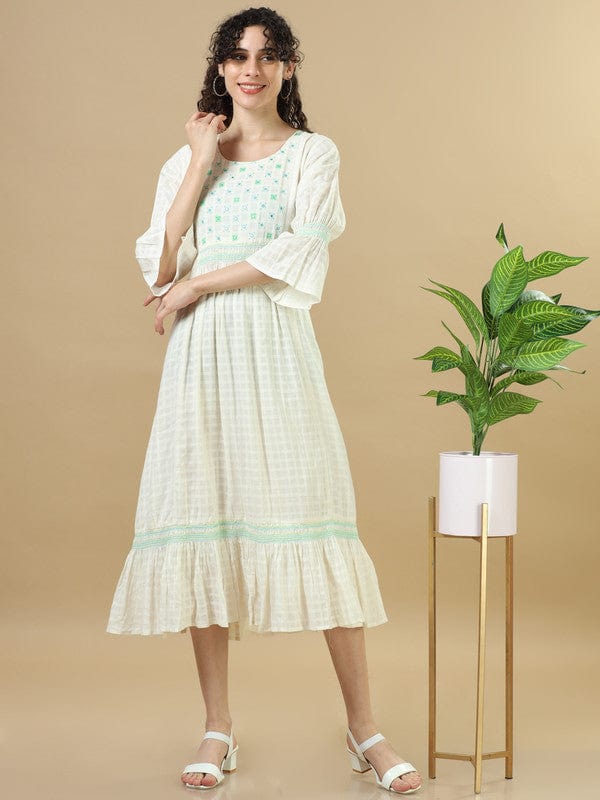 White 3/4Th Sleeves Cotton Mirror Work And Thread Work Regular Fit Calf Length Dress