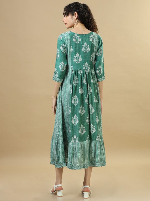 Green 3/4Th Sleeves Cotton Slub Floral Regular Fit Calf Length Dress