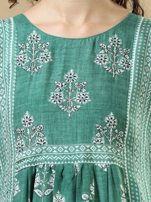 Green 3/4Th Sleeves Cotton Slub Floral Regular Fit Calf Length Dress
