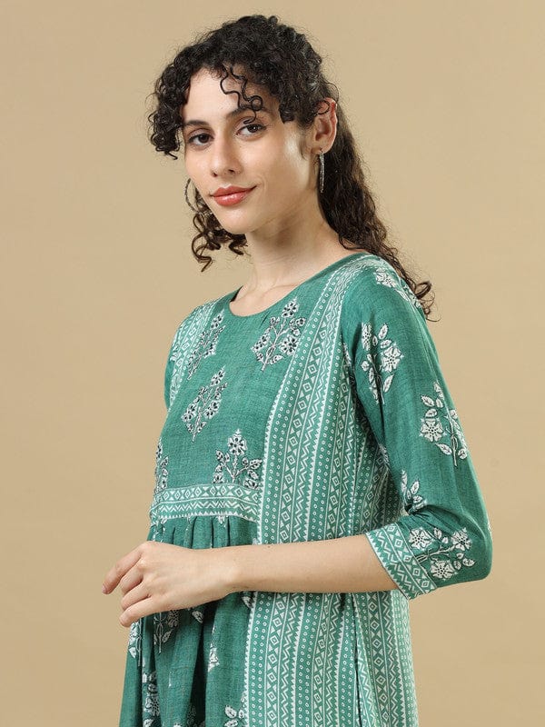 Green 3/4Th Sleeves Cotton Slub Floral Regular Fit Calf Length Dress