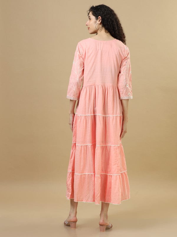 Peach 3/4Th Sleeves Cotton Thread Work Regular Fit Calf Length Dress