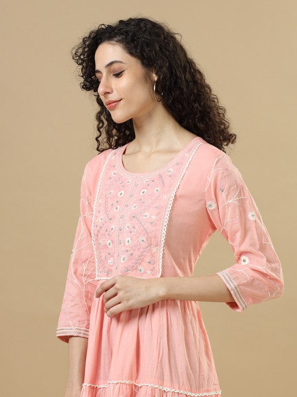 Peach 3/4Th Sleeves Cotton Thread Work Regular Fit Calf Length Dress