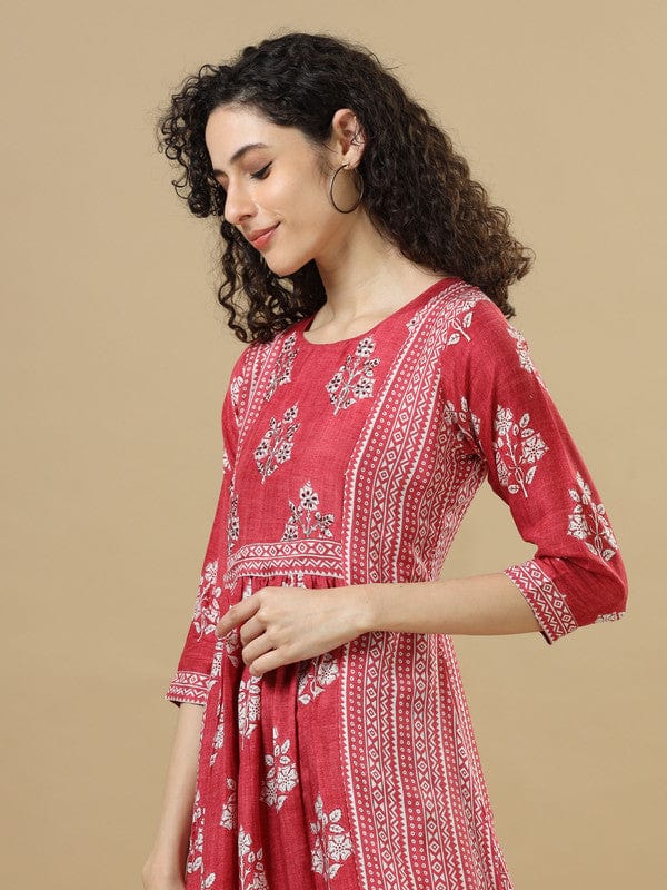 Red 3/4th Sleeves Cotton Floral Regular fit Calf length Dresses