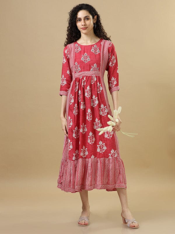 Red 3/4th Sleeves Cotton Floral Regular fit Calf length Dresses