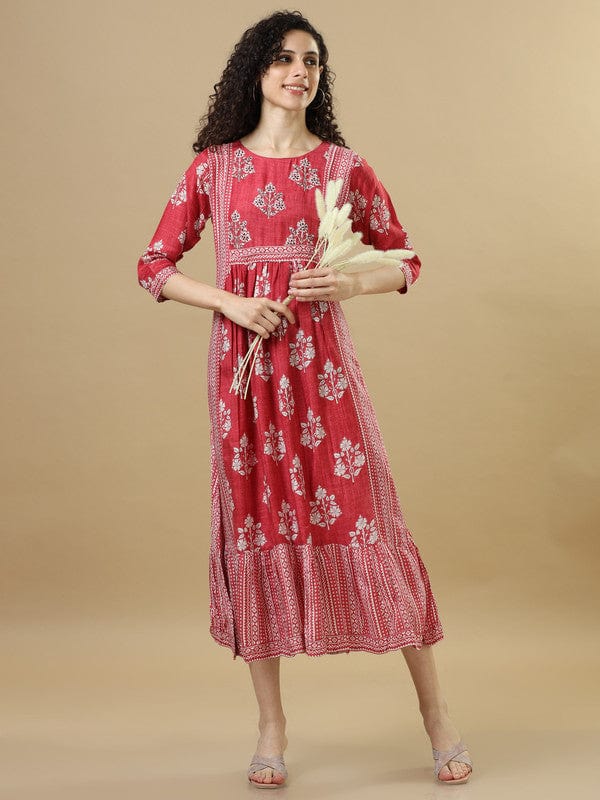 Red 3/4th Sleeves Cotton Floral Regular fit Calf length Dresses