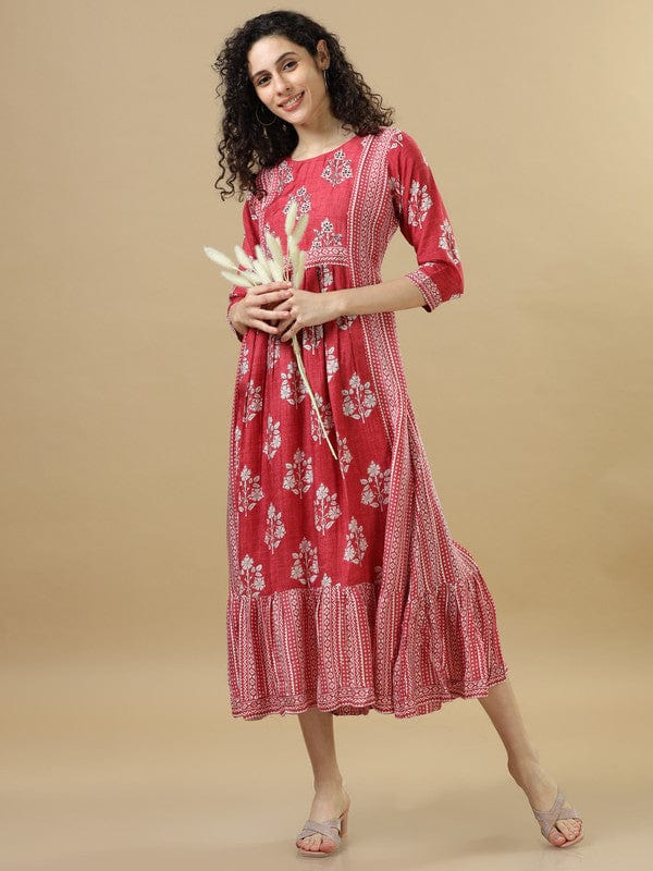 Red 3/4th Sleeves Cotton Floral Regular fit Calf length Dresses