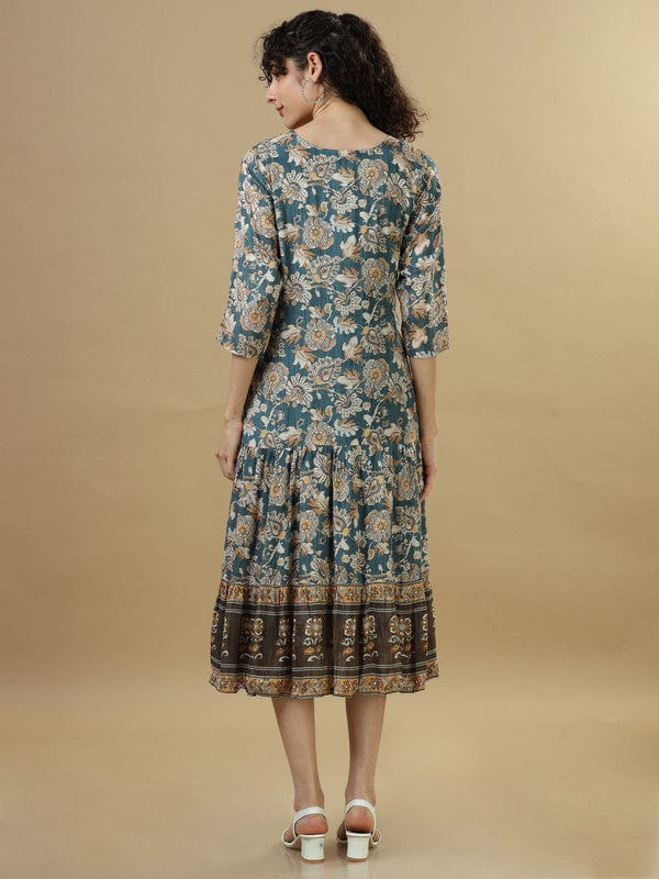 Teal 3/4Th Sleeves Cotton Floral Regular Fit Calf Length Dress