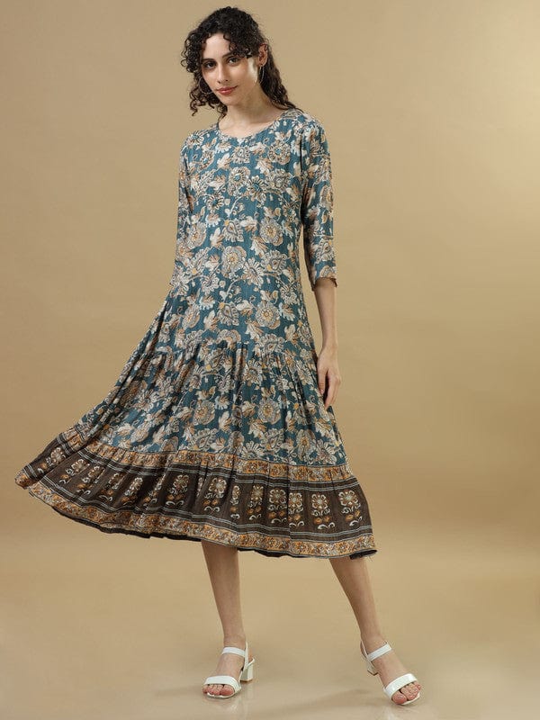 Teal 3/4Th Sleeves Cotton Floral Regular Fit Calf Length Dress