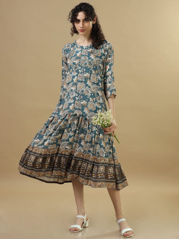 Teal 3/4Th Sleeves Cotton Floral Regular Fit Calf Length Dress