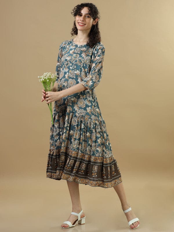 Teal 3/4Th Sleeves Cotton Floral Regular Fit Calf Length Dress