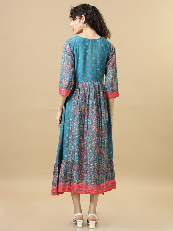 Peacock 3/4Th Sleeves Chanderi Silk Floral Regular Fit Calf Length Dress