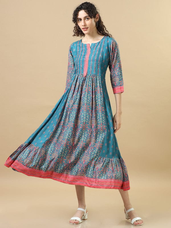 Peacock 3/4Th Sleeves Chanderi Silk Floral Regular Fit Calf Length Dress