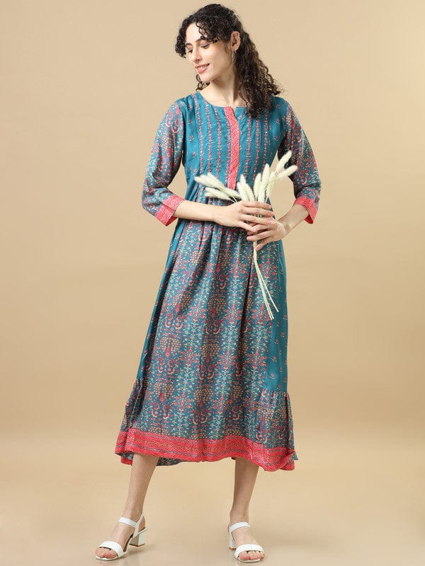 Peacock 3/4Th Sleeves Chanderi Silk Floral Regular Fit Calf Length Dress