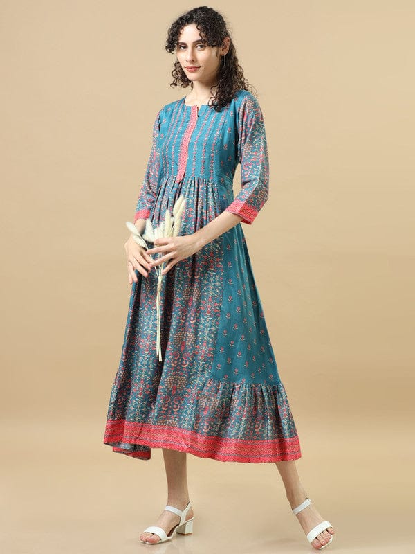 Peacock 3/4Th Sleeves Chanderi Silk Floral Regular Fit Calf Length Dress