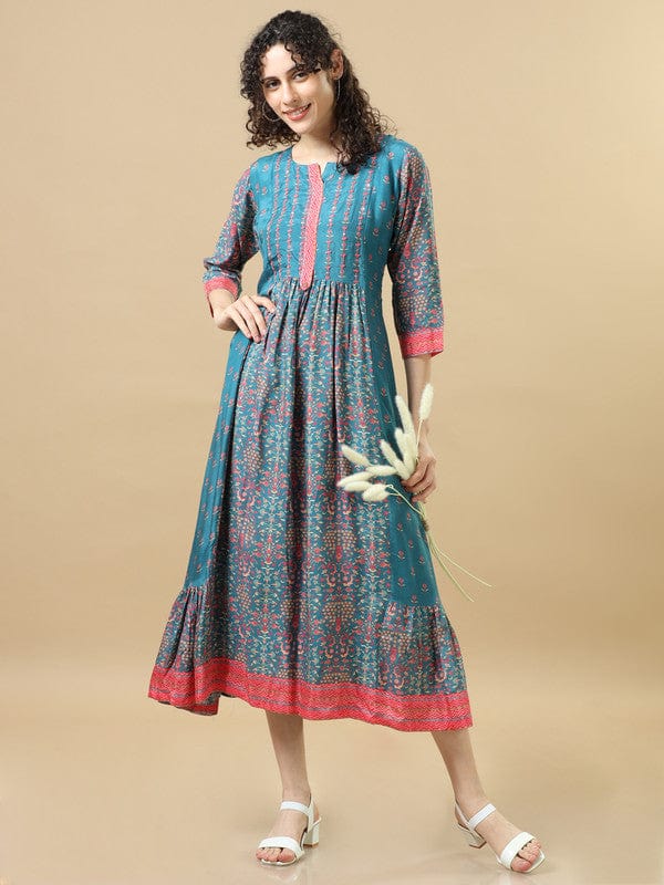 Peacock 3/4Th Sleeves Chanderi Silk Floral Regular Fit Calf Length Dress