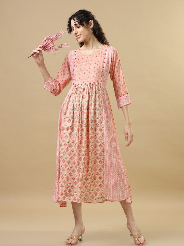 Light Orange 3/4Th Sleeves Cotton Silk Floral Regular Fit Calf Length Dress