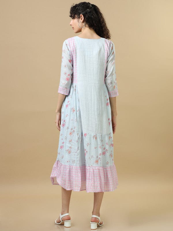 Grey 3/4Th Sleeves Cotton Floral Regular Fit Calf Length Dress