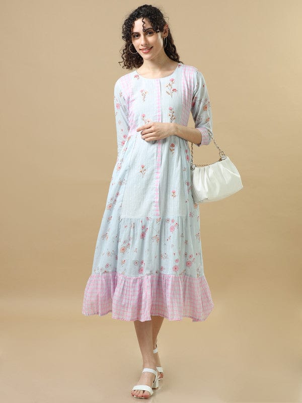 Grey 3/4Th Sleeves Cotton Floral Regular Fit Calf Length Dress