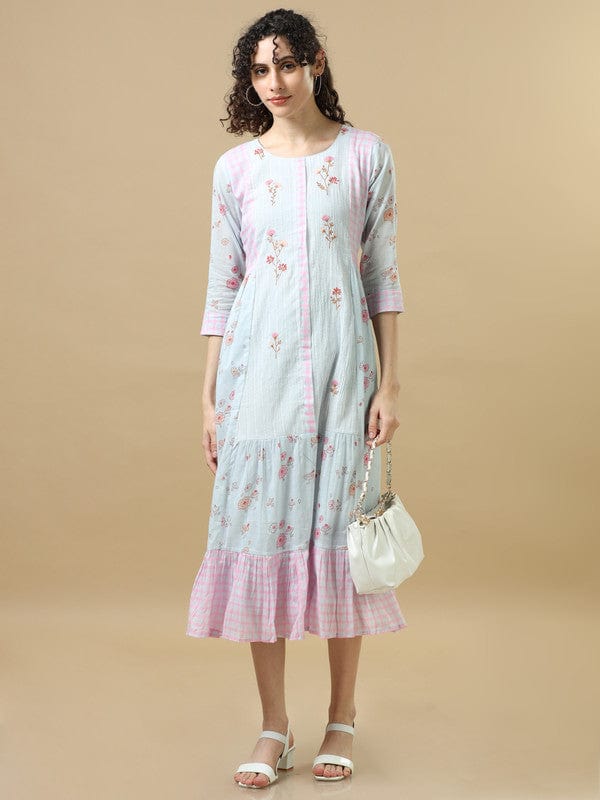 Grey 3/4Th Sleeves Cotton Floral Regular Fit Calf Length Dress