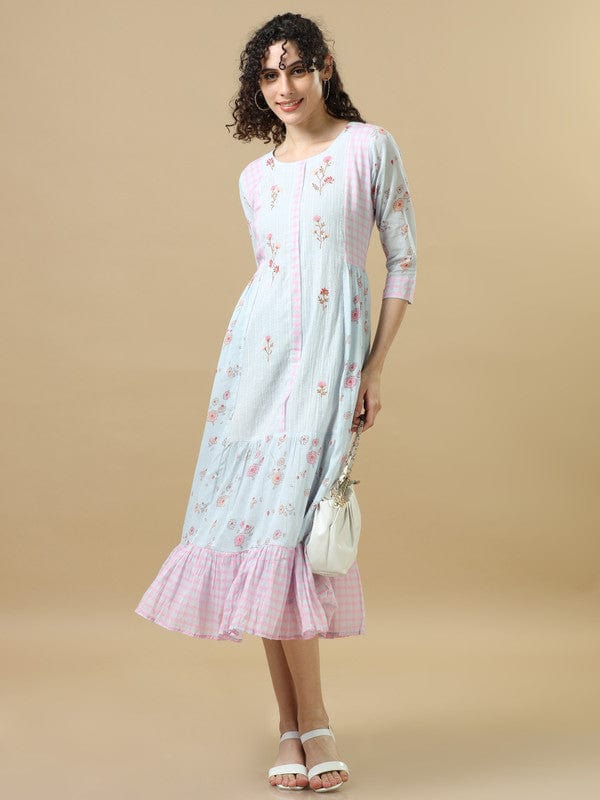 Grey 3/4Th Sleeves Cotton Floral Regular Fit Calf Length Dress