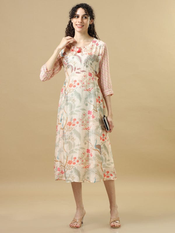 Coral 3/4Th Sleeves Cotton Silk Floral Regular Fit Calf Length Dress