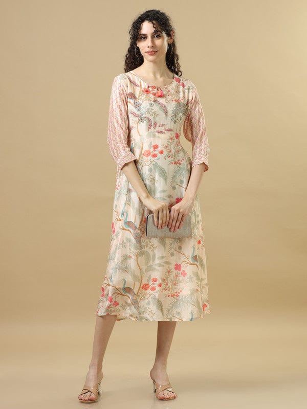 Coral 3/4Th Sleeves Cotton Silk Floral Regular Fit Calf Length Dress