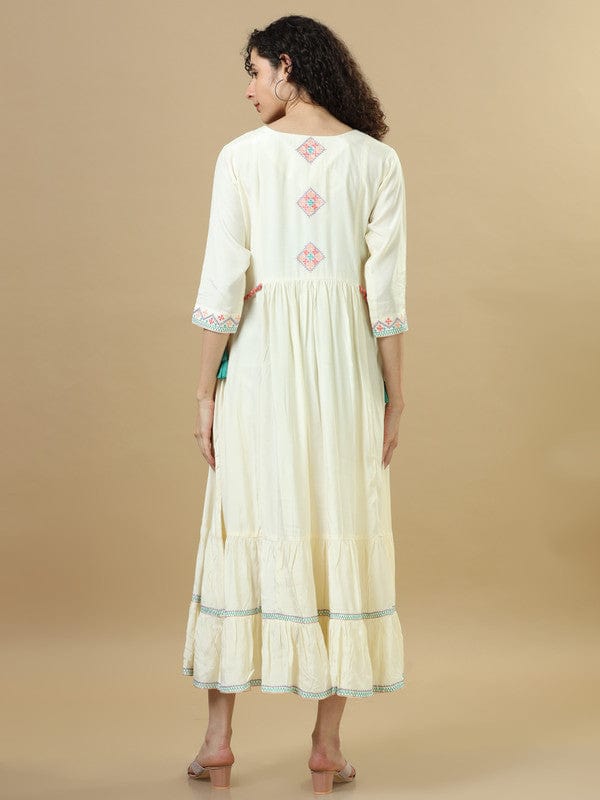 Cream 3/4Th Sleeves Cotton Silk Thread Work, Embroidery Loose Fit Calf Length Dress