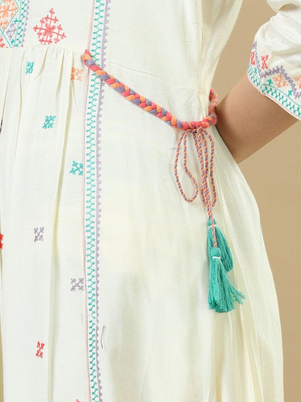 Cream 3/4Th Sleeves Cotton Silk Thread Work, Embroidery Loose Fit Calf Length Dress