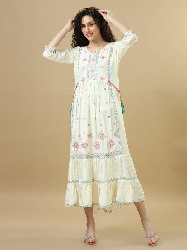 Cream 3/4Th Sleeves Cotton Silk Thread Work, Embroidery Loose Fit Calf Length Dress