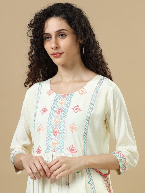 Cream 3/4Th Sleeves Cotton Silk Thread Work, Embroidery Loose Fit Calf Length Dress