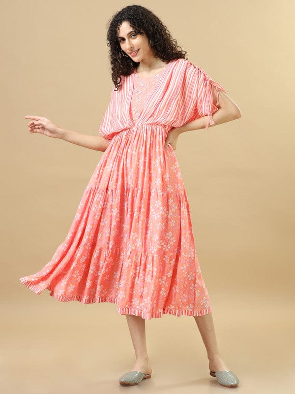 Pink Elbow Sleeves Rayon Cotton Floral Regular Fit Calf Length Dress