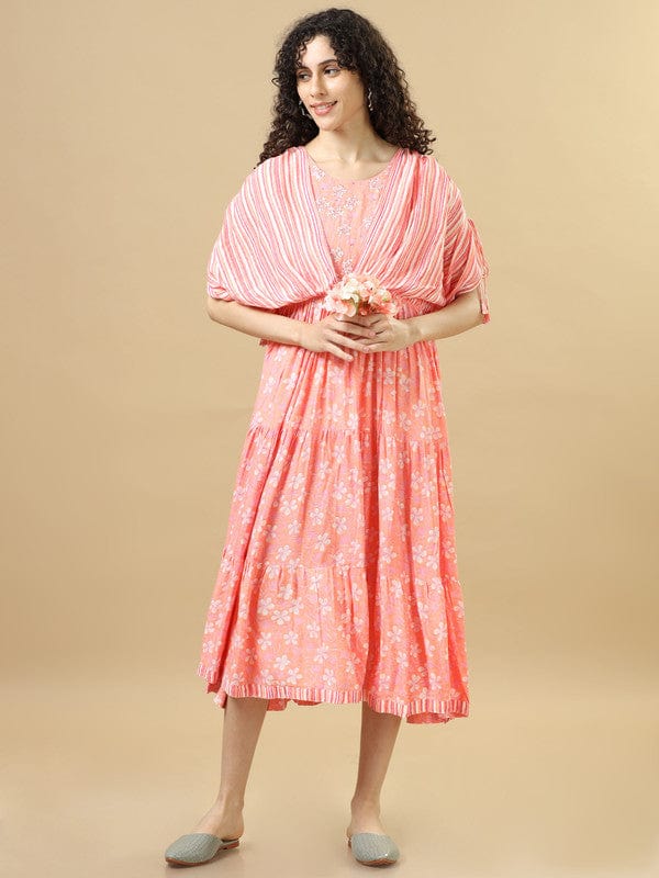 Pink Elbow Sleeves Rayon Cotton Floral Regular Fit Calf Length Dress