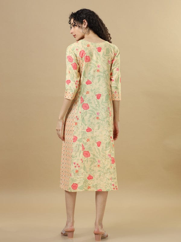 Mustard 3/4Th Sleeves Lenin Mixed Prints , Floral Print Regular Fit Calf Length Dress