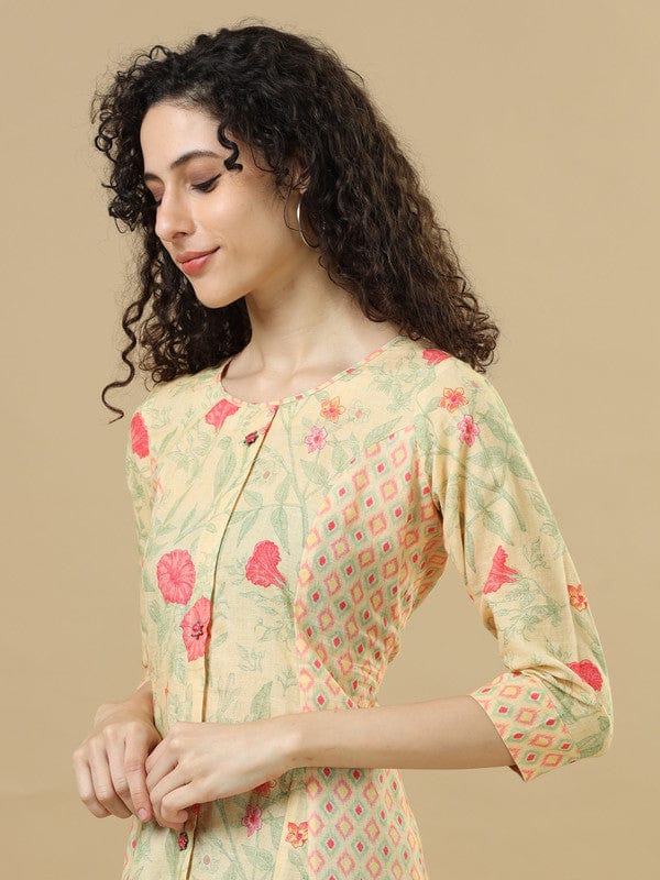 Mustard 3/4Th Sleeves Lenin Mixed Prints , Floral Print Regular Fit Calf Length Dress