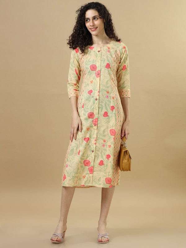 Mustard 3/4Th Sleeves Lenin Mixed Prints , Floral Print Regular Fit Calf Length Dress