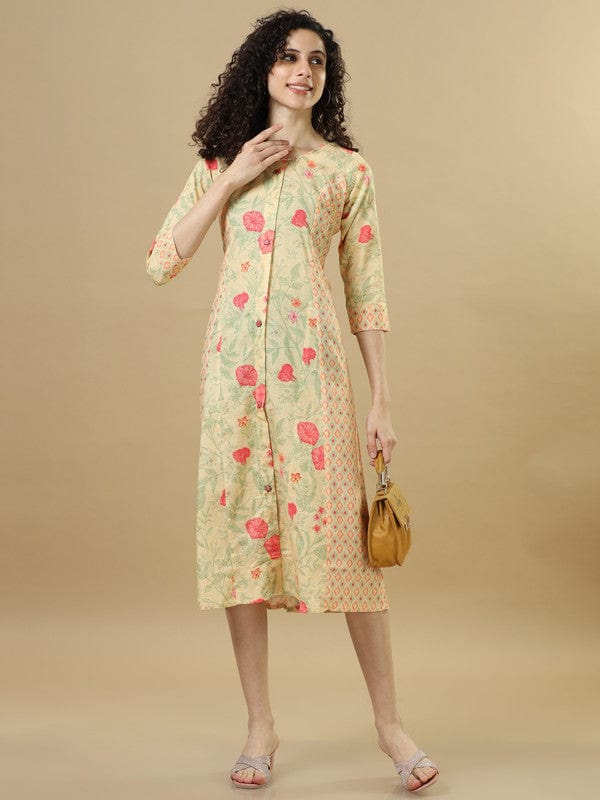 Mustard 3/4Th Sleeves Lenin Mixed Prints , Floral Print Regular Fit Calf Length Dress