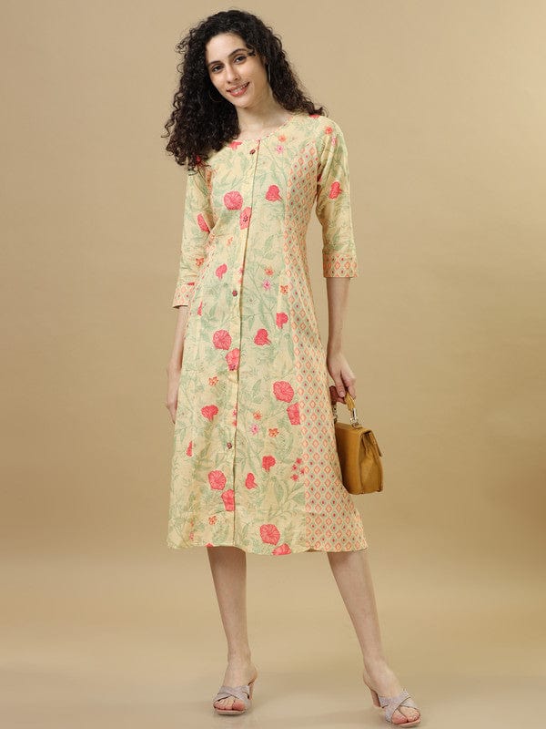 Mustard 3/4Th Sleeves Lenin Mixed Prints , Floral Print Regular Fit Calf Length Dress