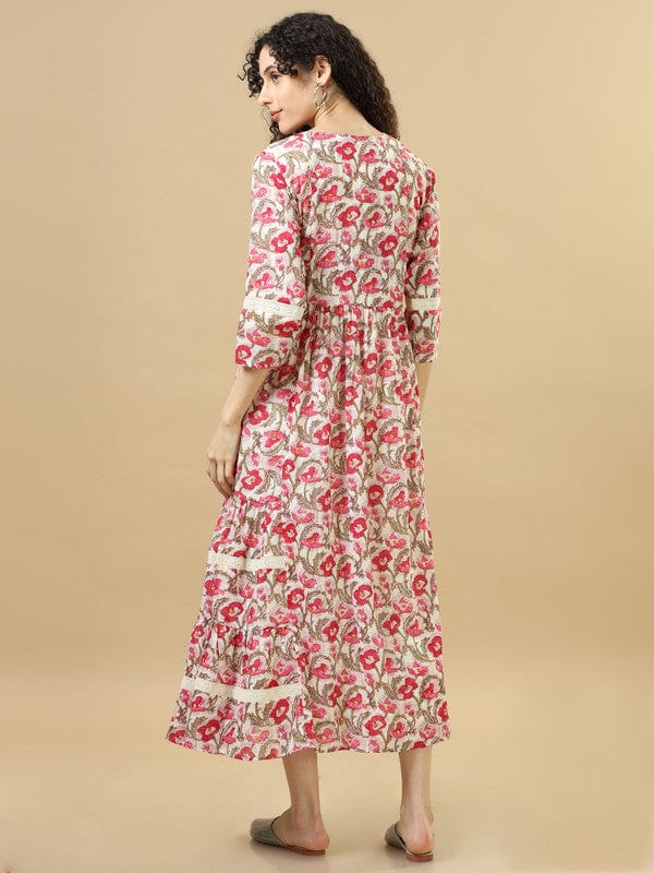 Pink 3/4Th Sleeves Cotton Floral Regular Fit Ankle Length Dress